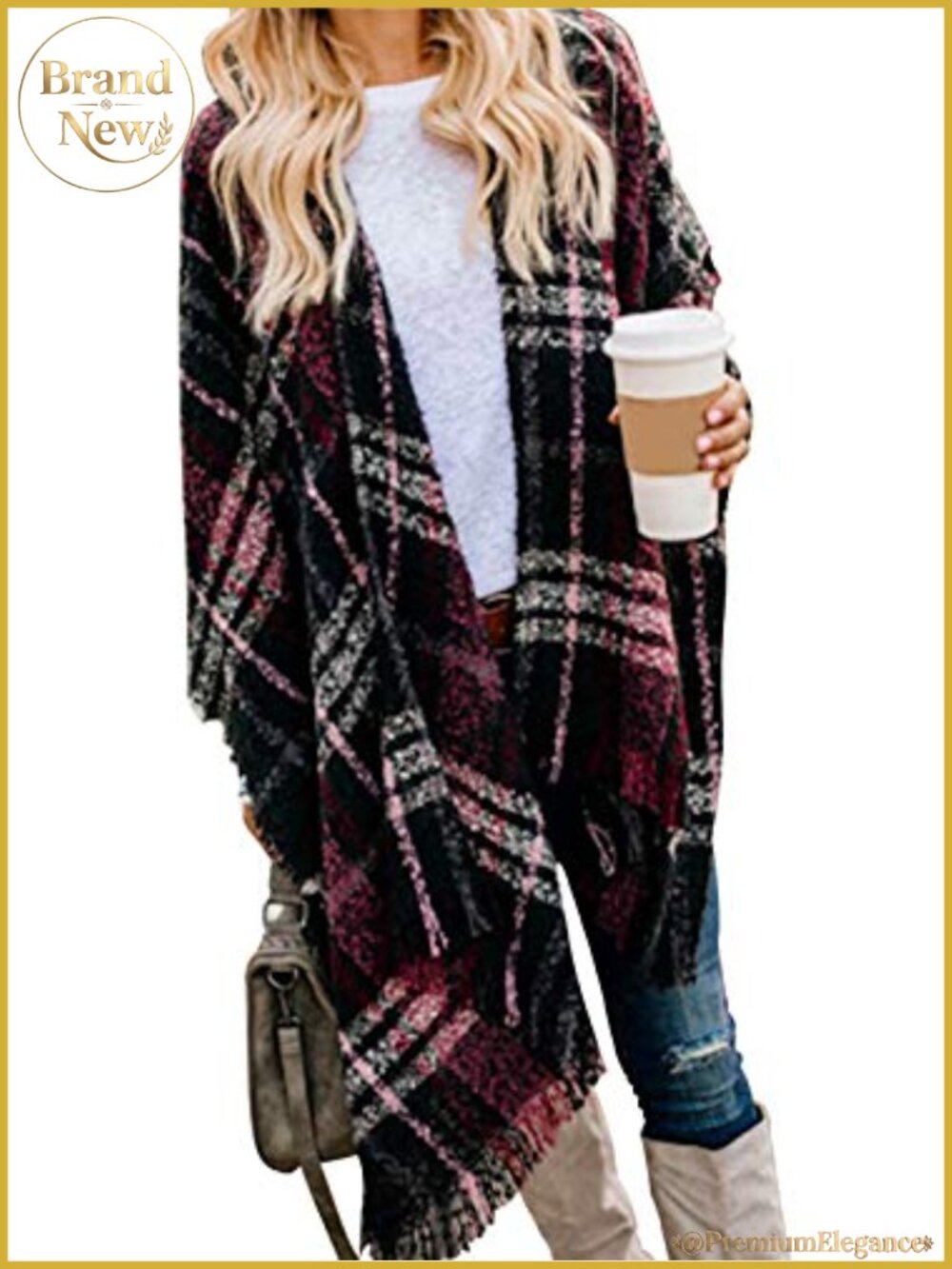 Buffalo Plaid Poncho Open Front Shawl Wrap Cape Fringe Tassel